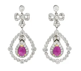 1950's Mid-Century 4.60 CTW Diamond Ruby 18 Karat Two-Tone Gold Drop Earrings