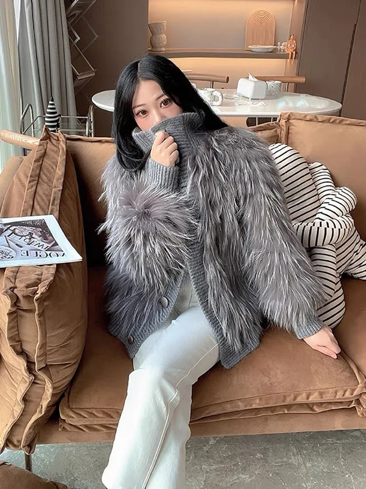 2023 new autumn and winter fur coat for young women, fashionable mid-length small fragrant raccoon fox fur coat Haining