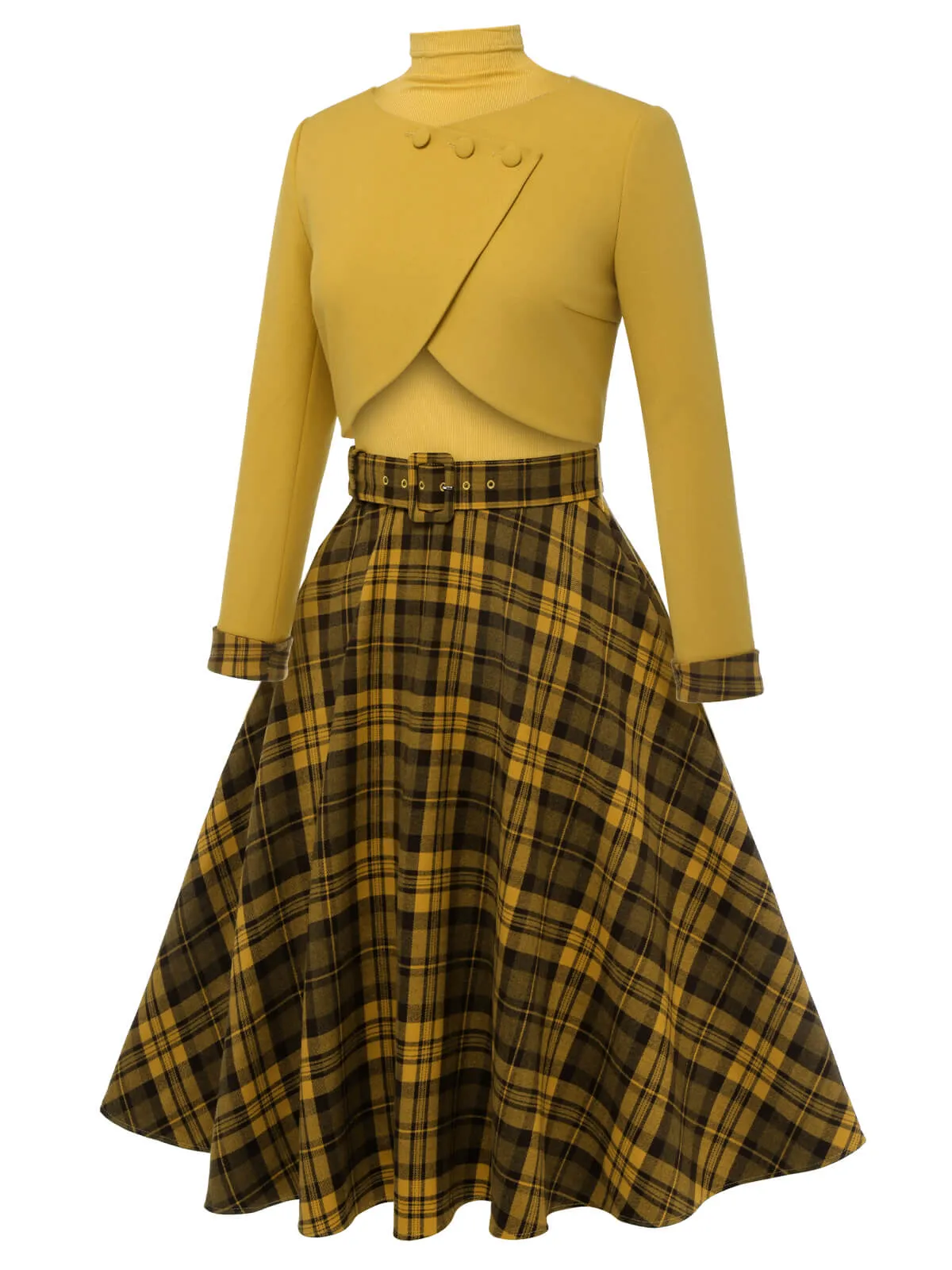 2PCS Yellow 1950s Short Coat & Plaid Dress