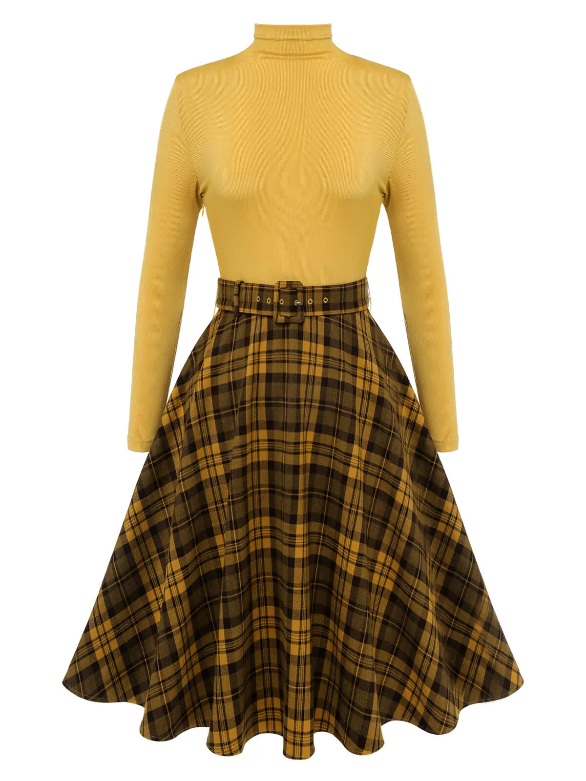 2PCS Yellow 1950s Short Coat & Plaid Dress