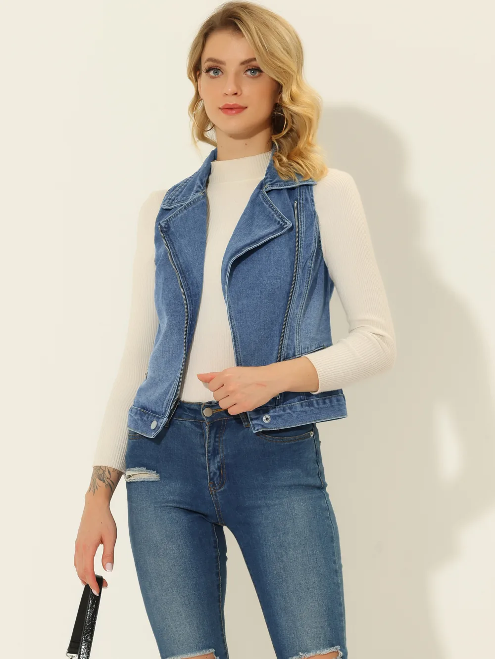 Allegra K- Zip Up Classic Jeans Denim Vest