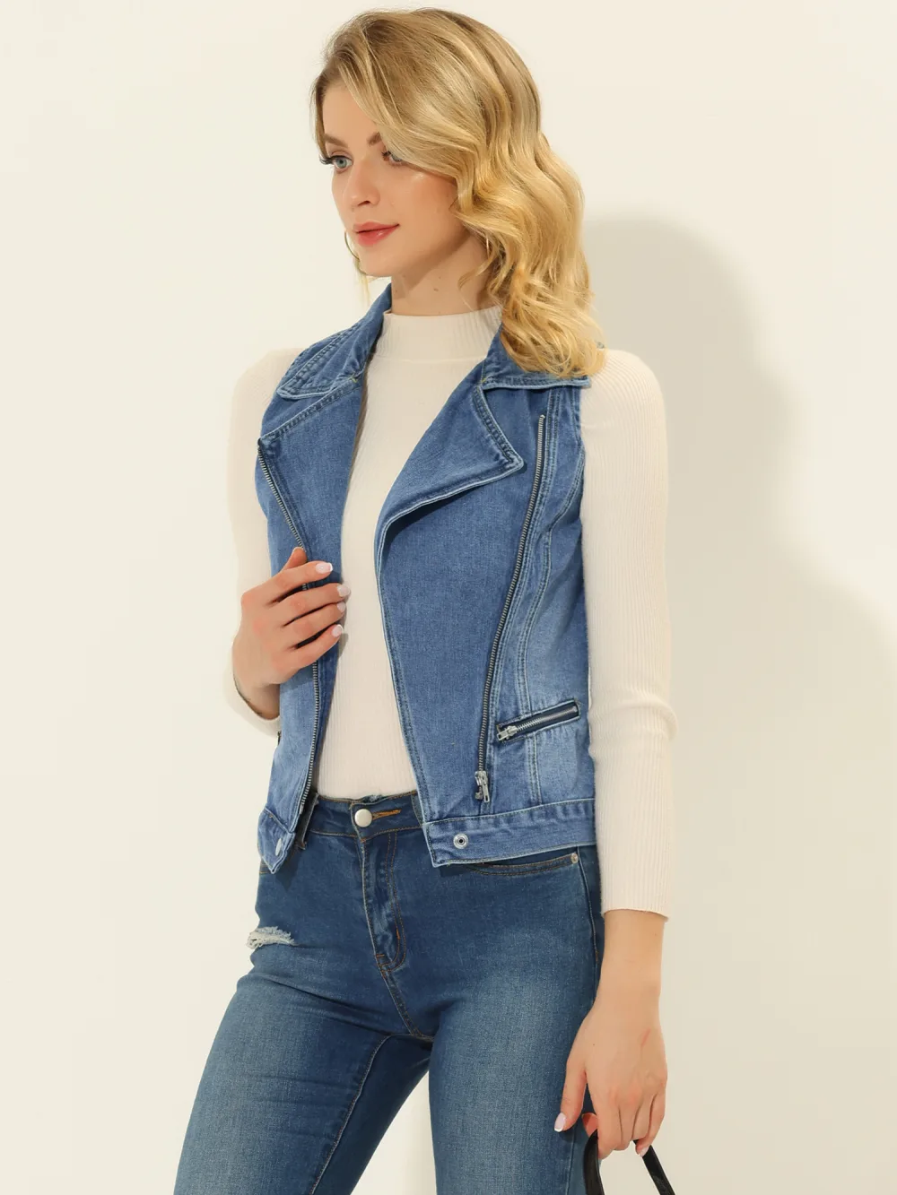 Allegra K- Zip Up Classic Jeans Denim Vest