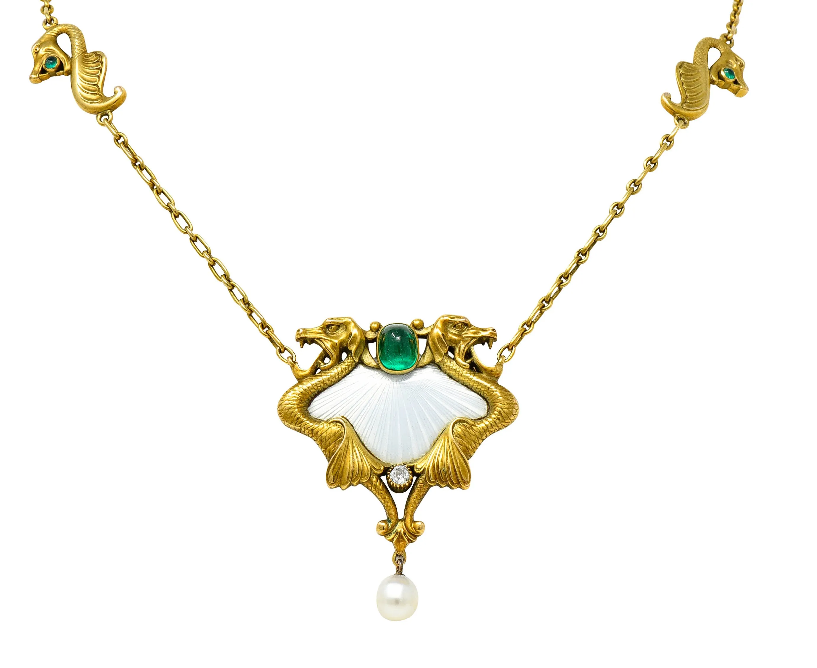 Art Nouveau Diamond Emerald Enamel Pearl 14 Karat Gold Serpent Necklace