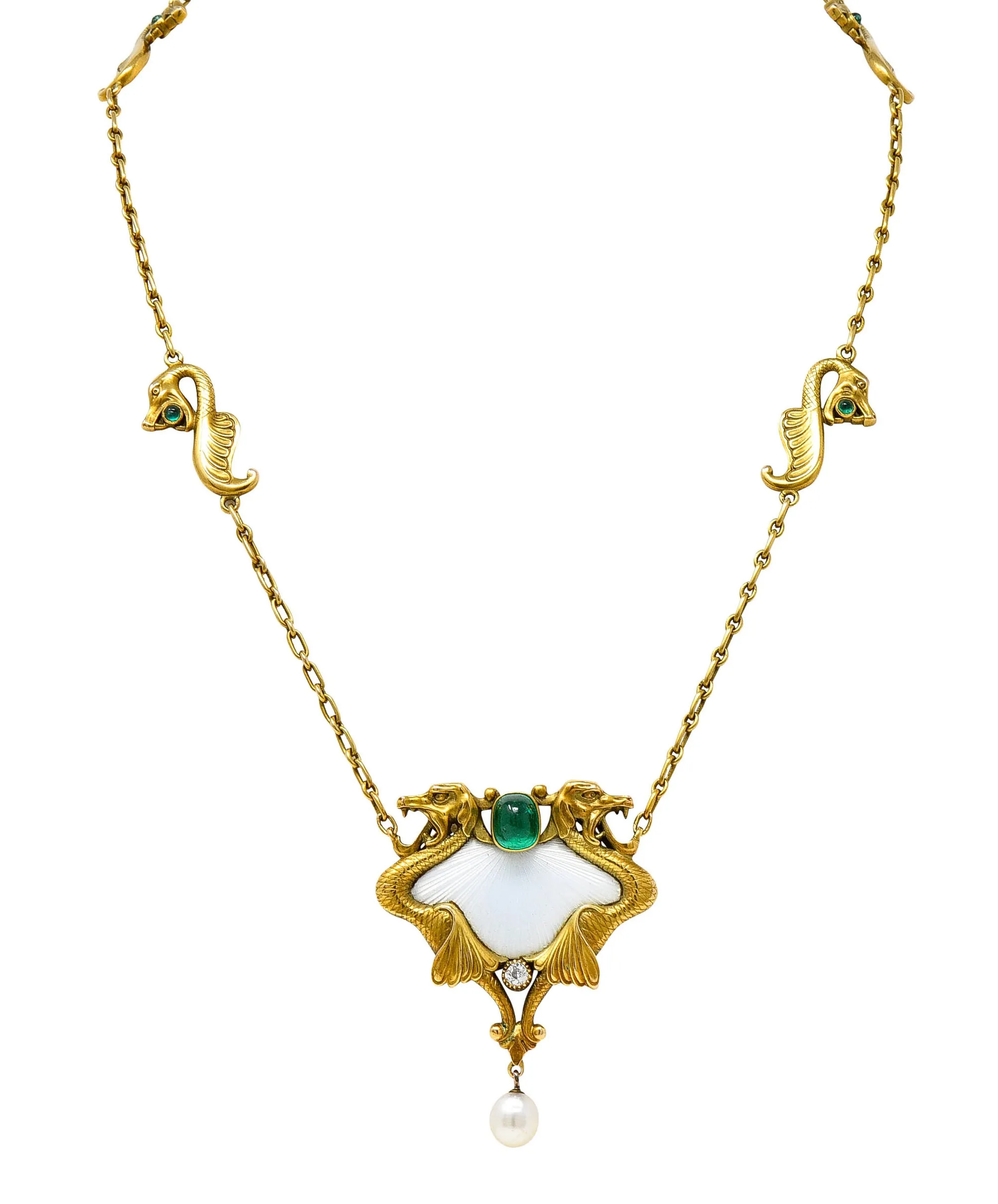 Art Nouveau Diamond Emerald Enamel Pearl 14 Karat Gold Serpent Necklace