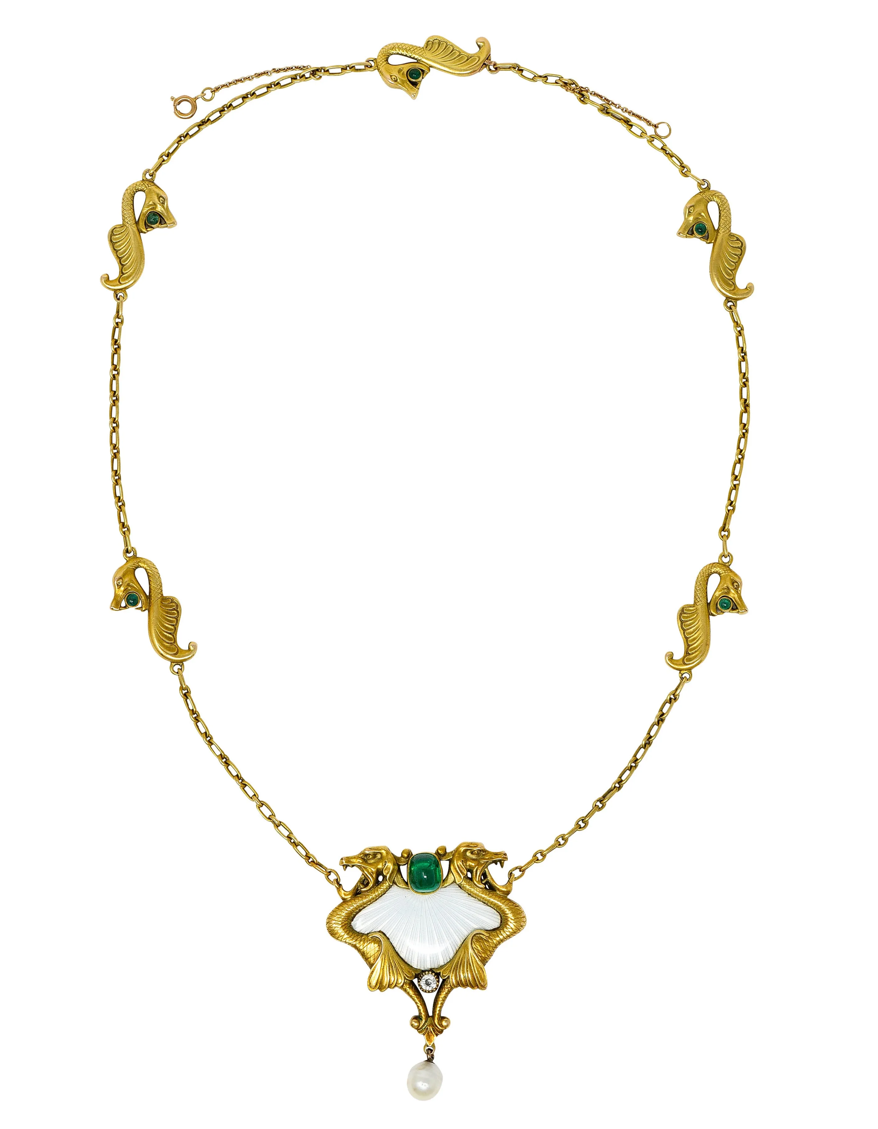 Art Nouveau Diamond Emerald Enamel Pearl 14 Karat Gold Serpent Necklace