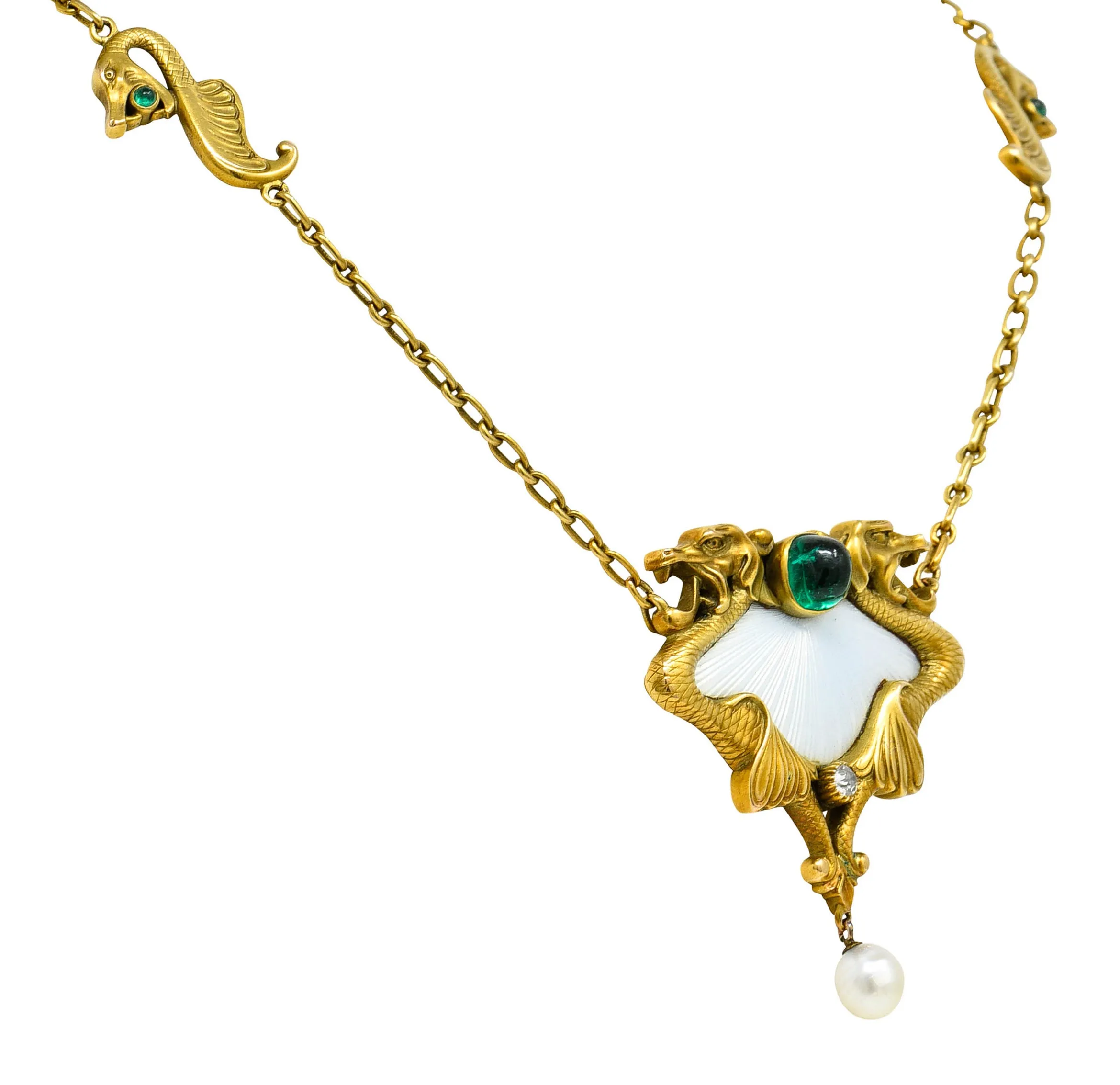 Art Nouveau Diamond Emerald Enamel Pearl 14 Karat Gold Serpent Necklace