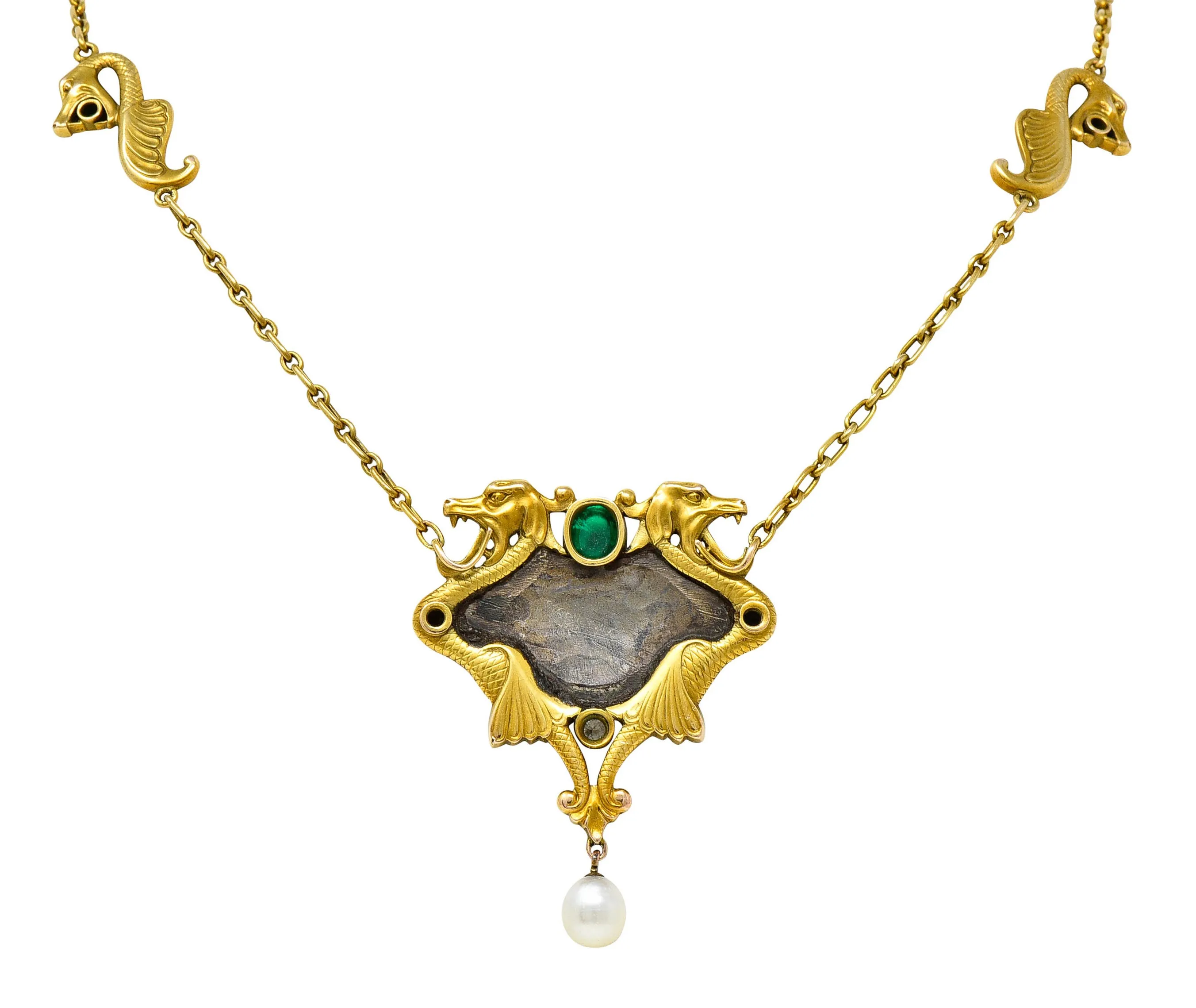 Art Nouveau Diamond Emerald Enamel Pearl 14 Karat Gold Serpent Necklace