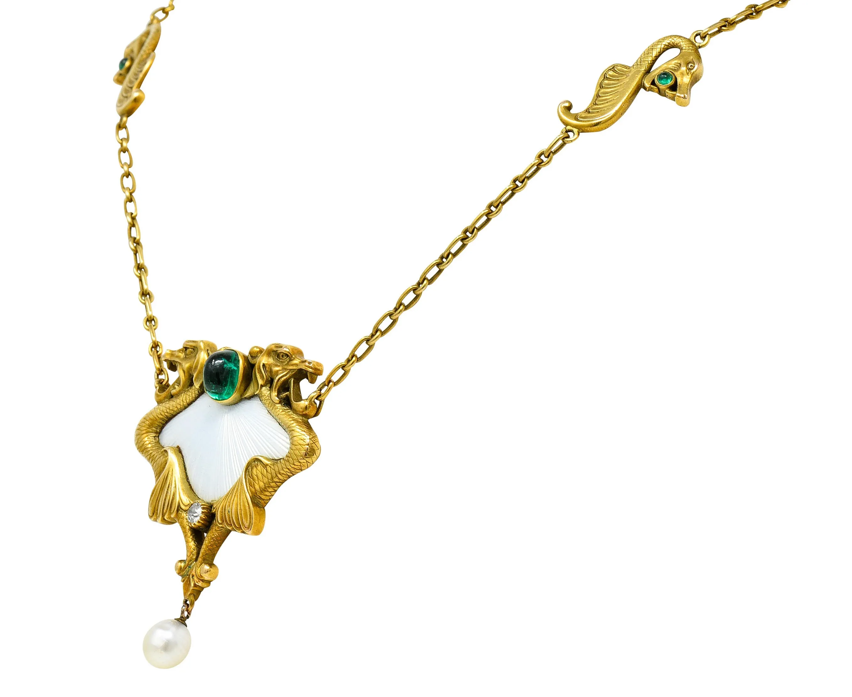 Art Nouveau Diamond Emerald Enamel Pearl 14 Karat Gold Serpent Necklace