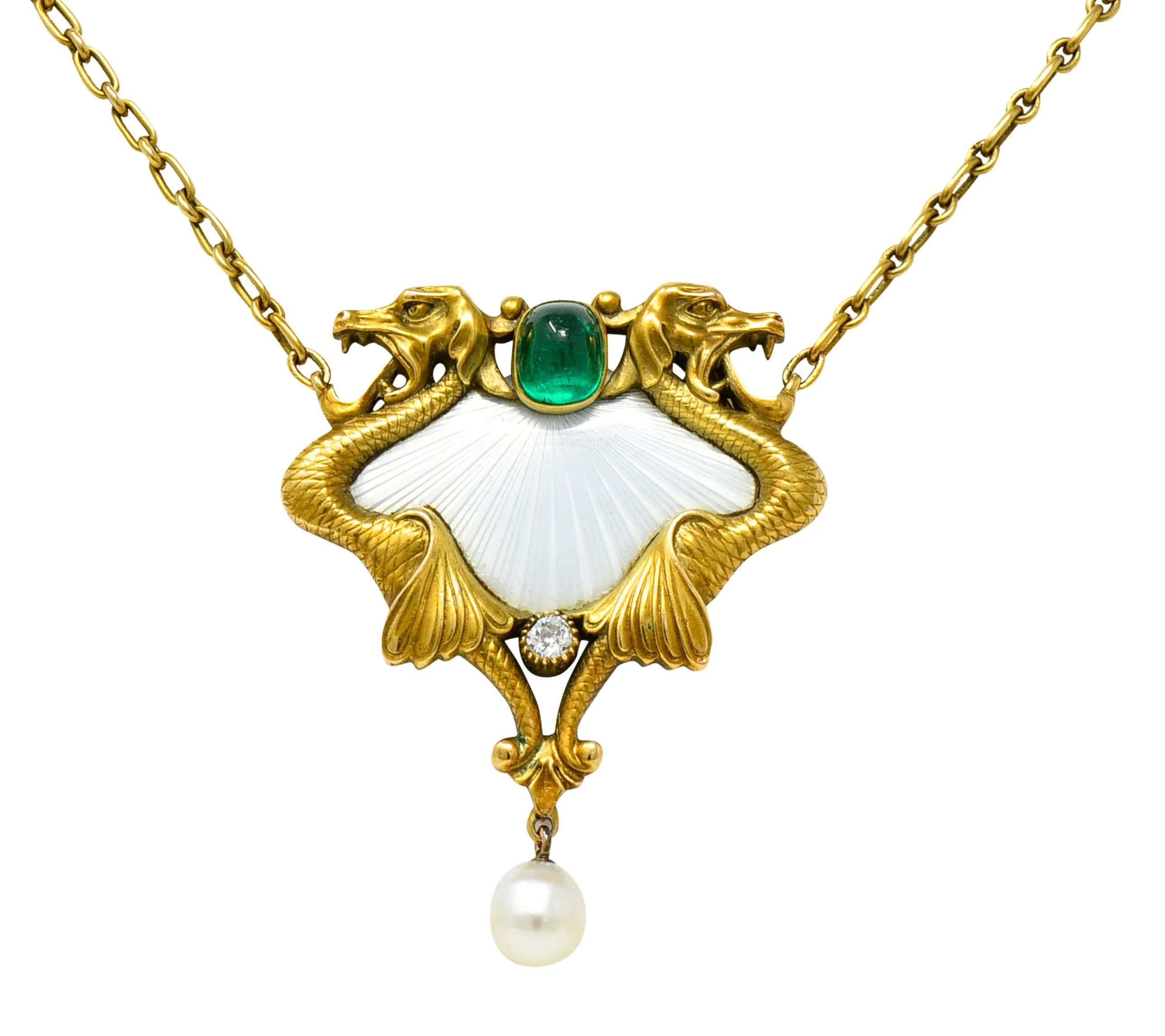 Art Nouveau Diamond Emerald Enamel Pearl 14 Karat Gold Serpent Necklace