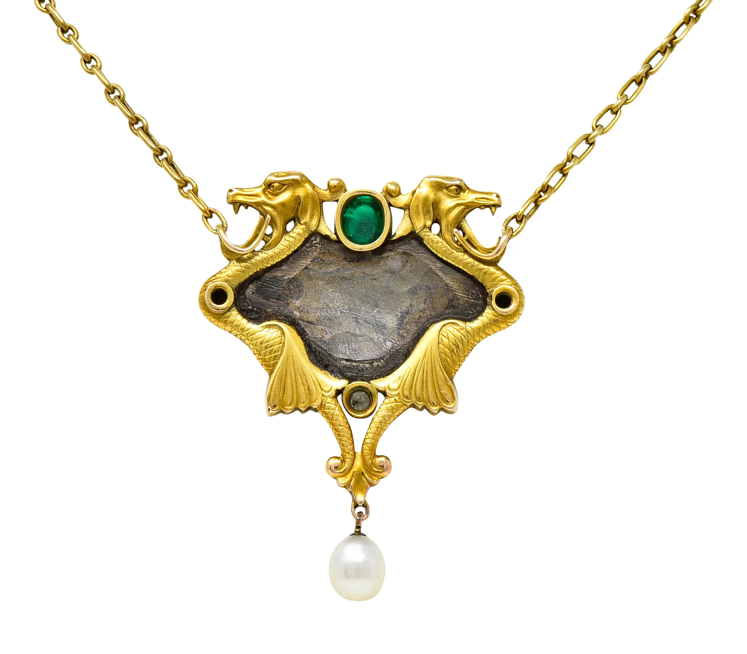 Art Nouveau Diamond Emerald Enamel Pearl 14 Karat Gold Serpent Necklace