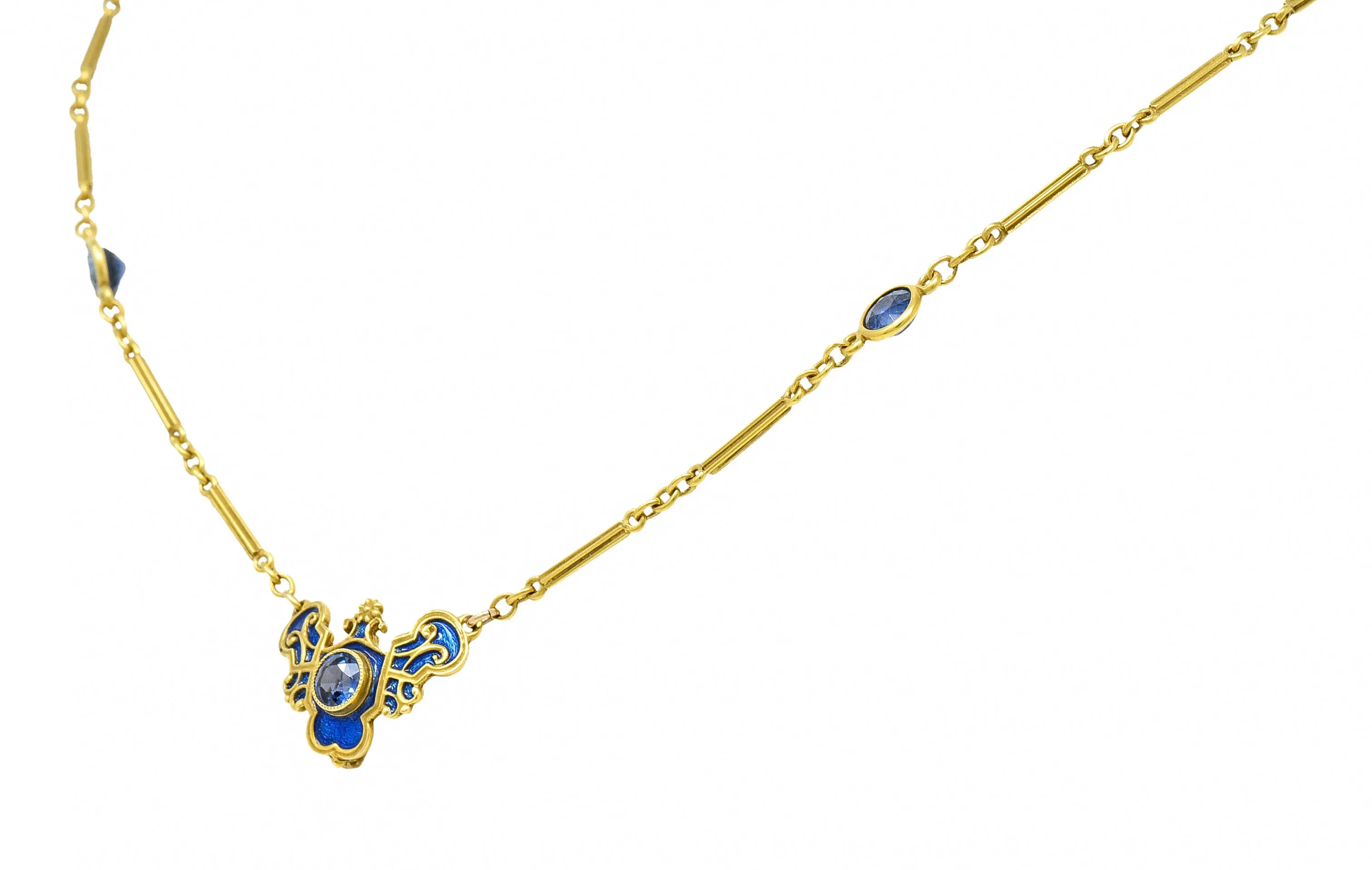 Art Nouveau Sapphire Enamel 14 Karat Gold Station Necklace