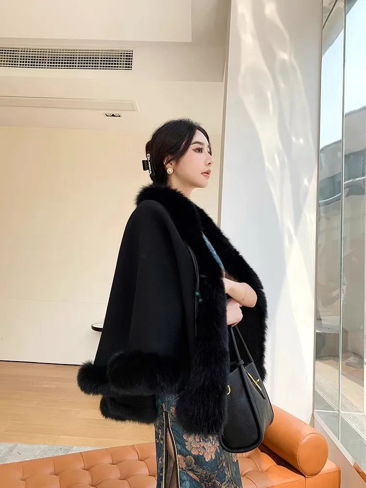 Autumn and winter pure wool woolen coat for women retro buckle tassel cheongsam shawl cloak fox fur collar Chinese style