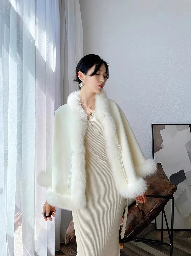 Autumn and winter pure wool woolen coat for women retro buckle tassel cheongsam shawl cloak fox fur collar Chinese style