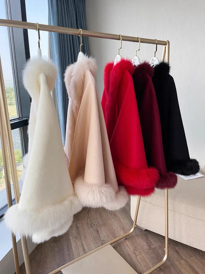 Autumn and winter pure wool woolen coat for women retro buckle tassel cheongsam shawl cloak fox fur collar Chinese style