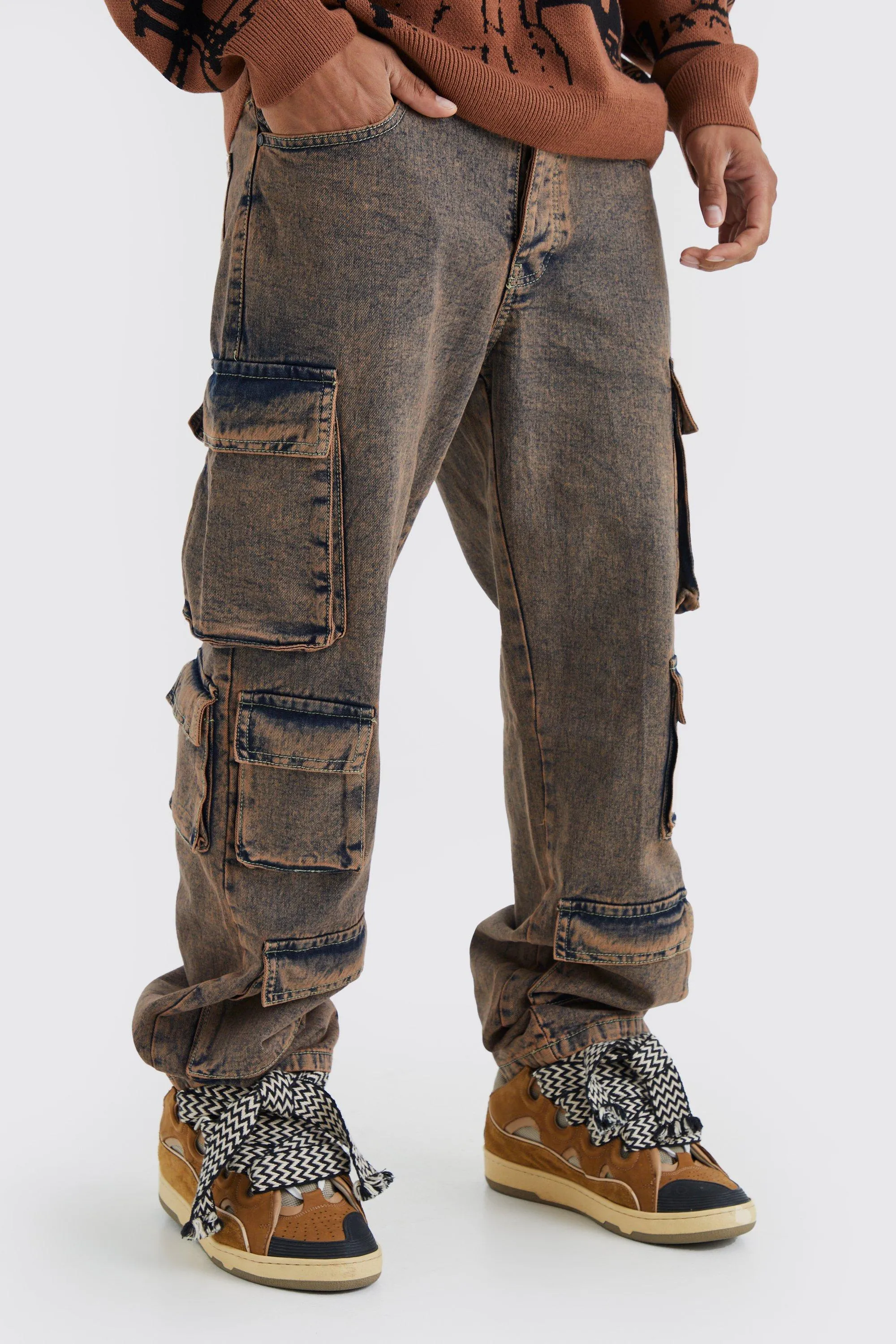 Baggy Fit Acid Wash Cargo Jeans | boohooMAN UK