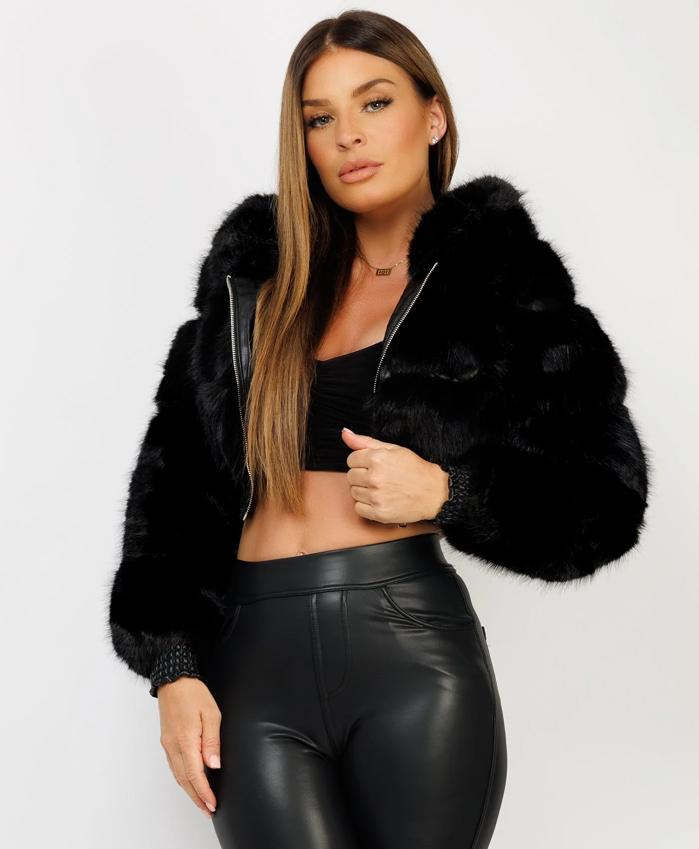 Black Cropped Hooded Faux Fur Tiered Coat Jacket