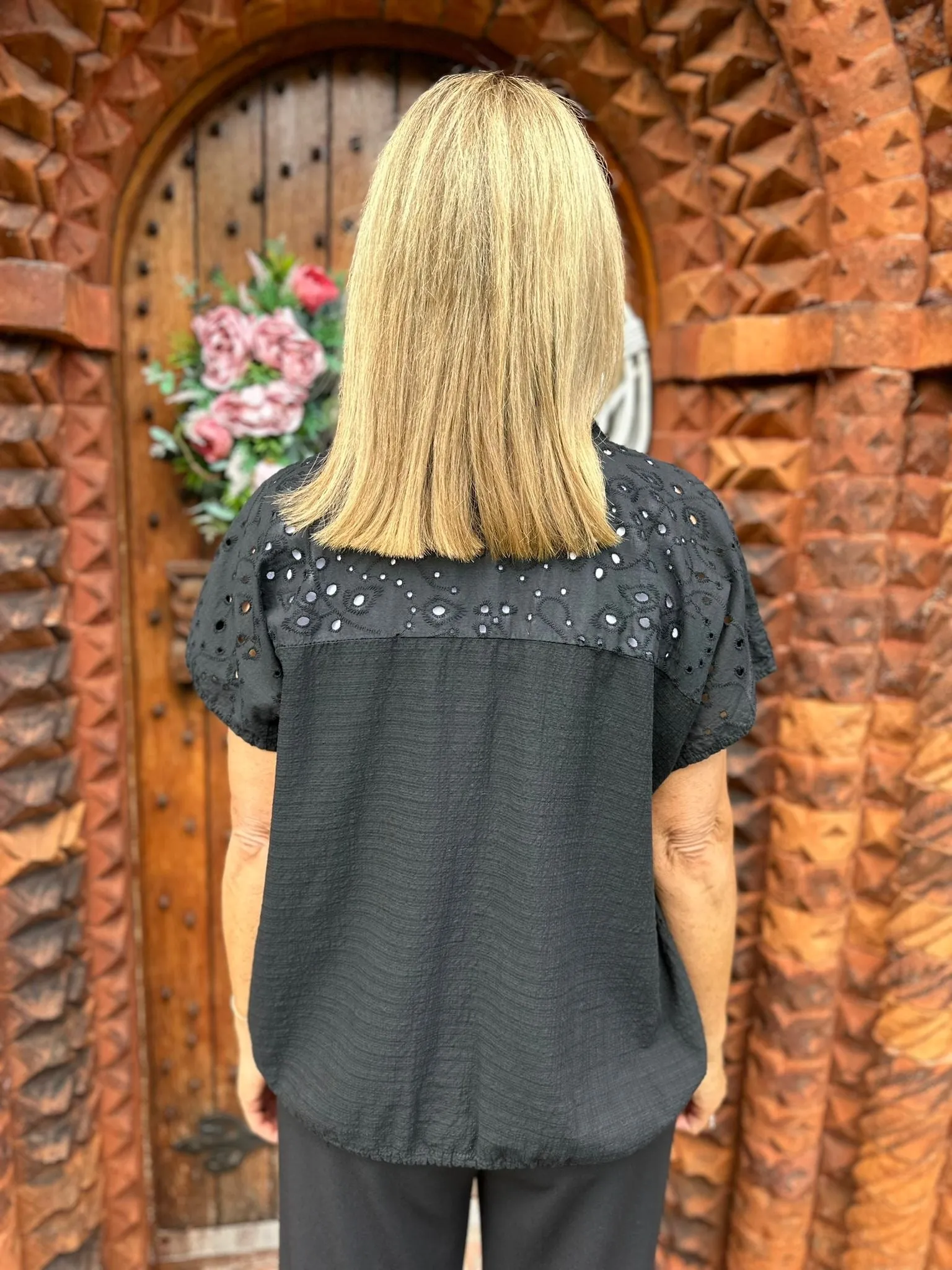 Black Sequin Pocket Broderie Anglaise Blouse Belle