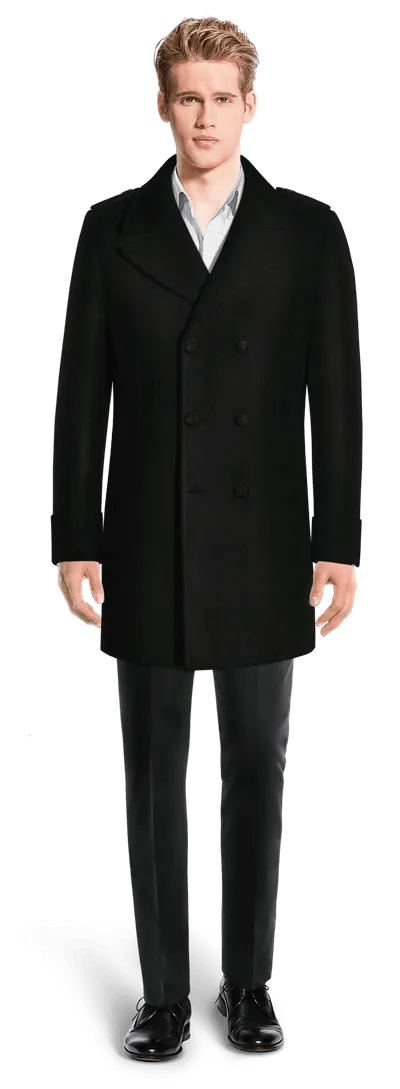 Black Short Double breasted overcoat with epaulettes