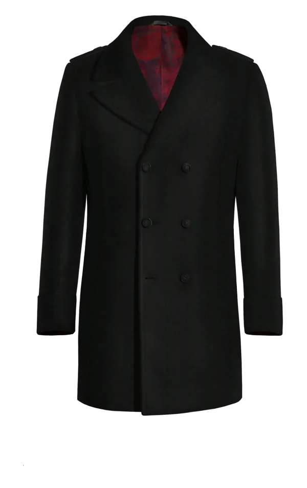 Black Short Double breasted overcoat with epaulettes