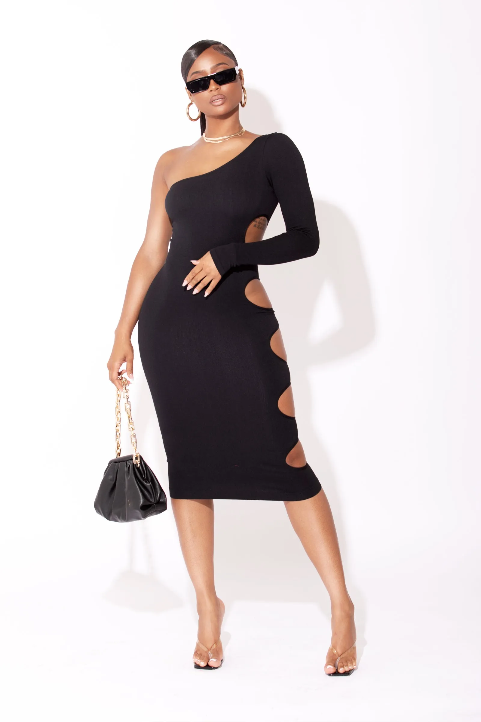 Black Side Cutout One Shoulder Dress