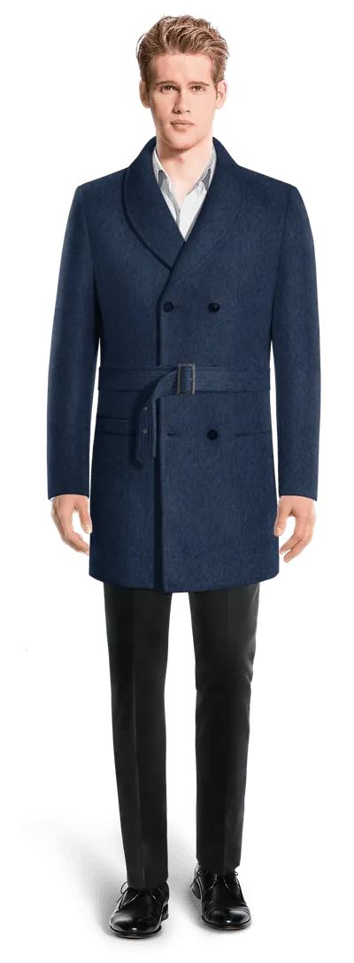 Blue Belted Round Lapel Double breasted overcoat