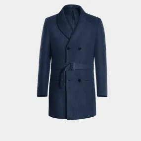 Blue Belted Round Lapel Double breasted overcoat