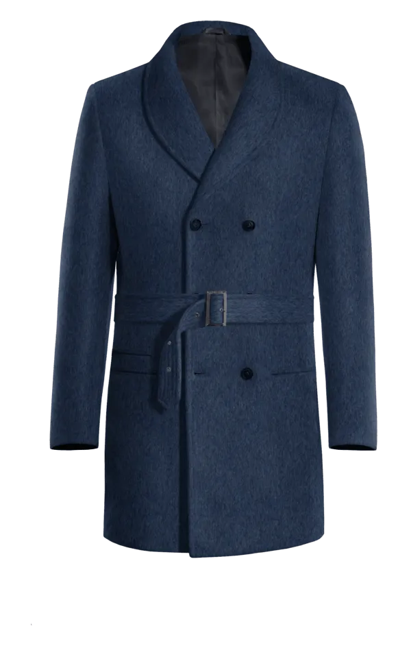 Blue Belted Round Lapel Double breasted overcoat