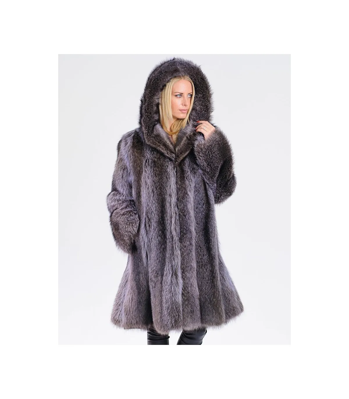 Blue Raccoon Fur Coat with Hood: FurSource.com