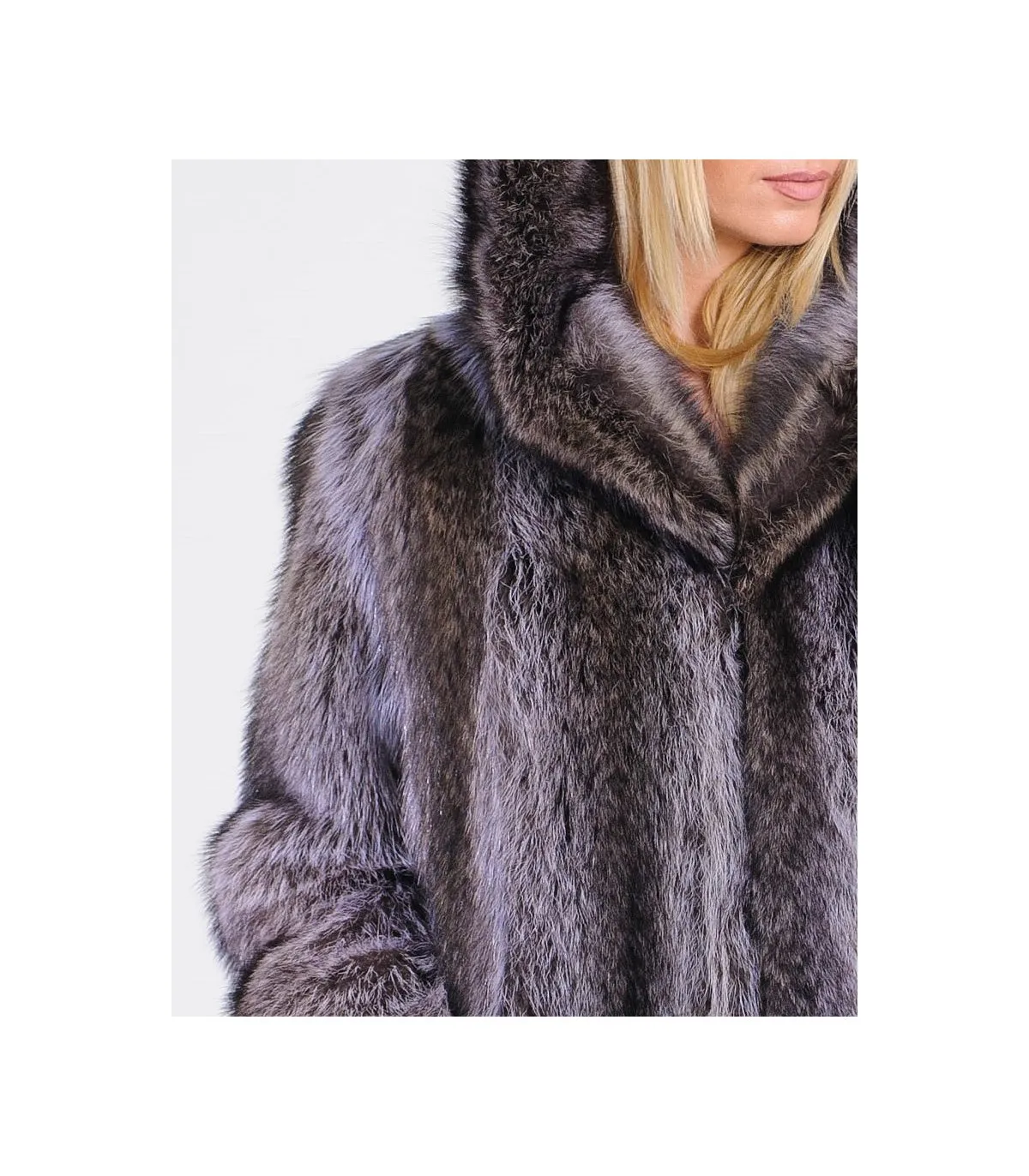 Blue Raccoon Fur Coat with Hood: FurSource.com