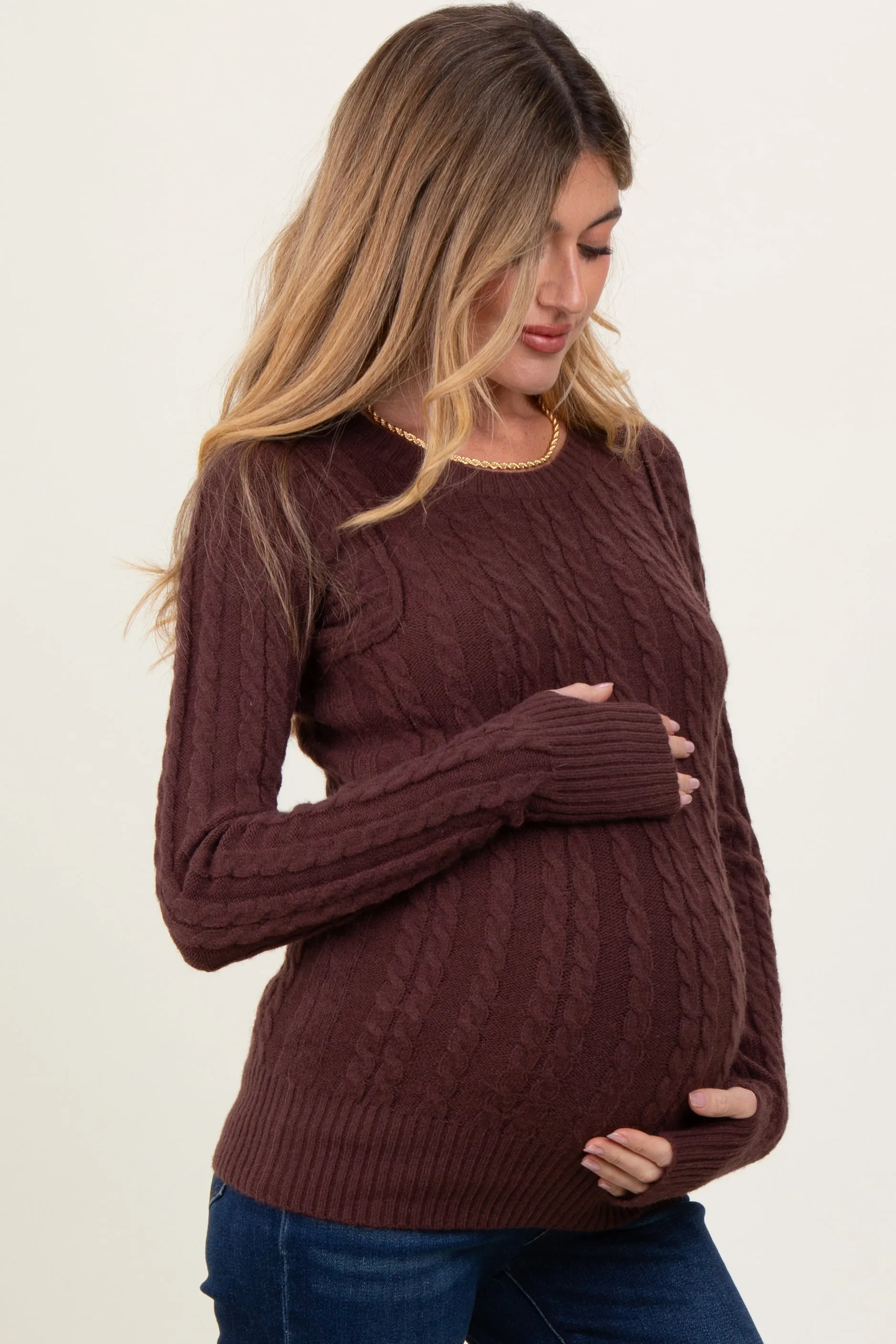 Brown Long Sleeve Cable Patterned Maternity Sweater Knit Top