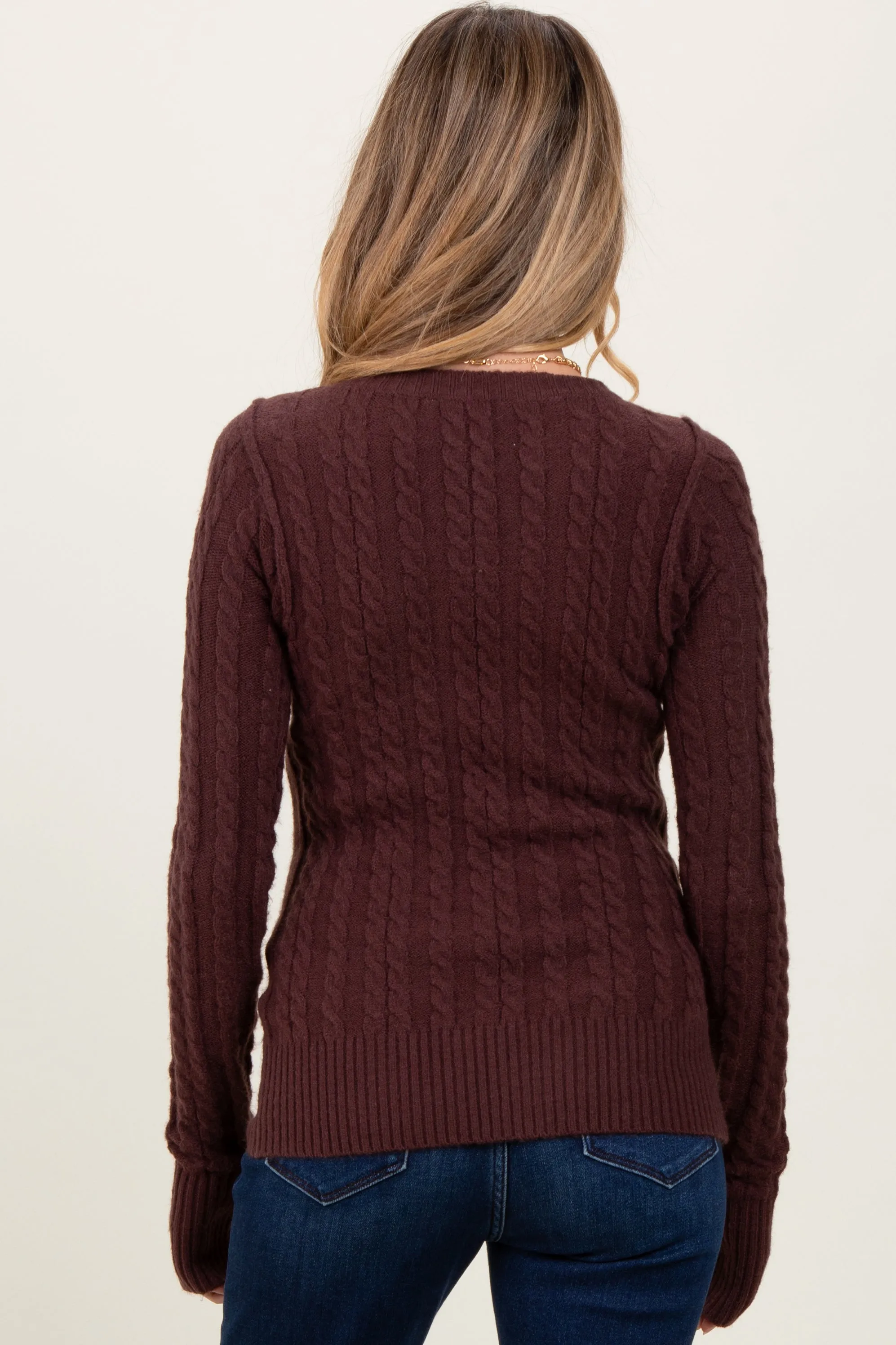 Brown Long Sleeve Cable Patterned Maternity Sweater Knit Top