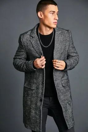 Brushed Herringbone Single Breasted Overcoat | boohooMAN UK