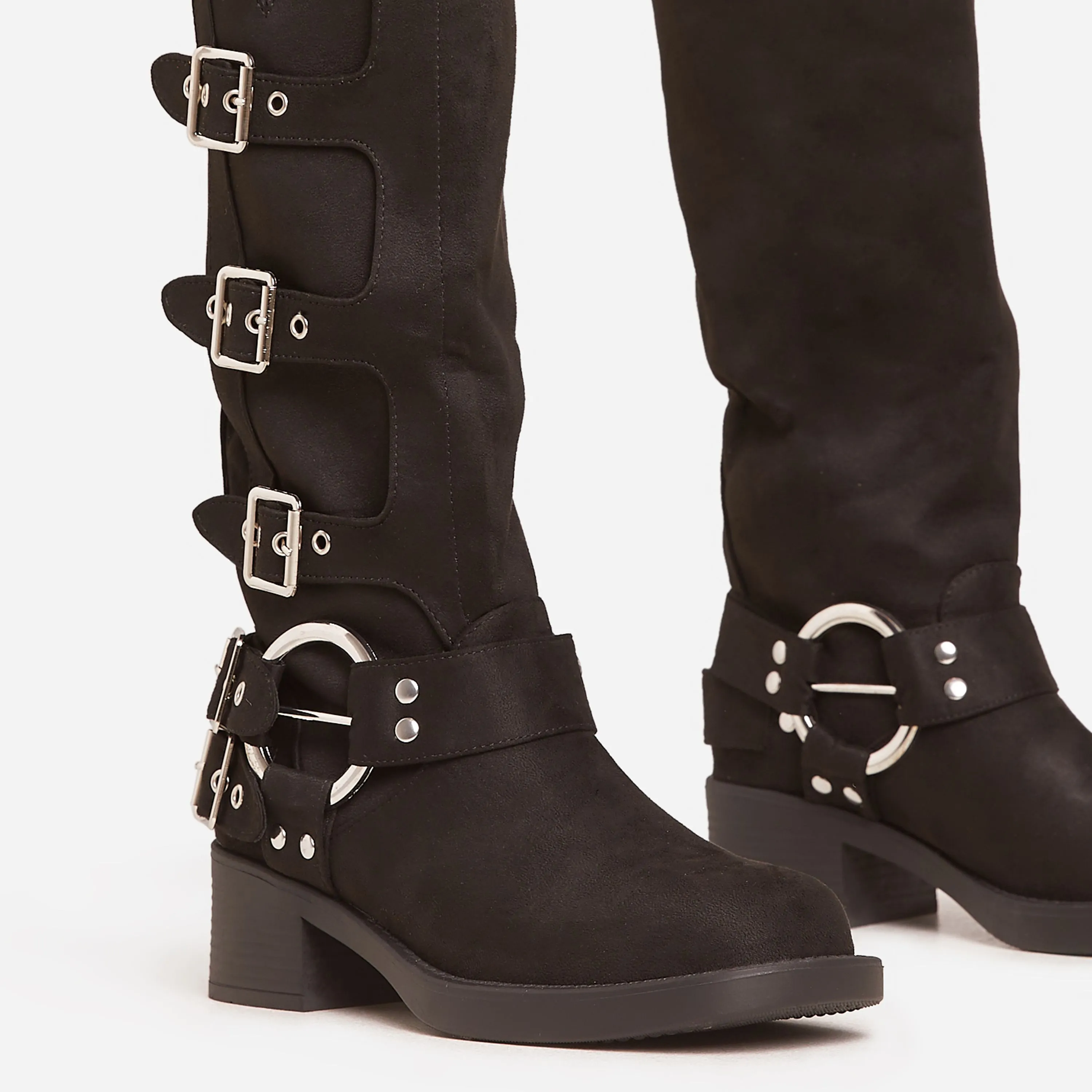 Buckle-Down Side Buckle Detail Midi Calf Biker Boot In Black Faux Suede