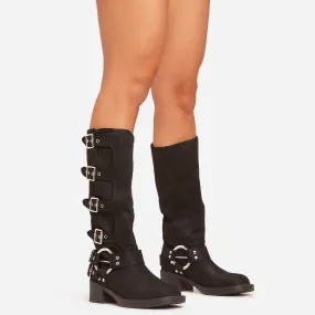 Buckle-Down Side Buckle Detail Midi Calf Biker Boot In Black Faux Suede