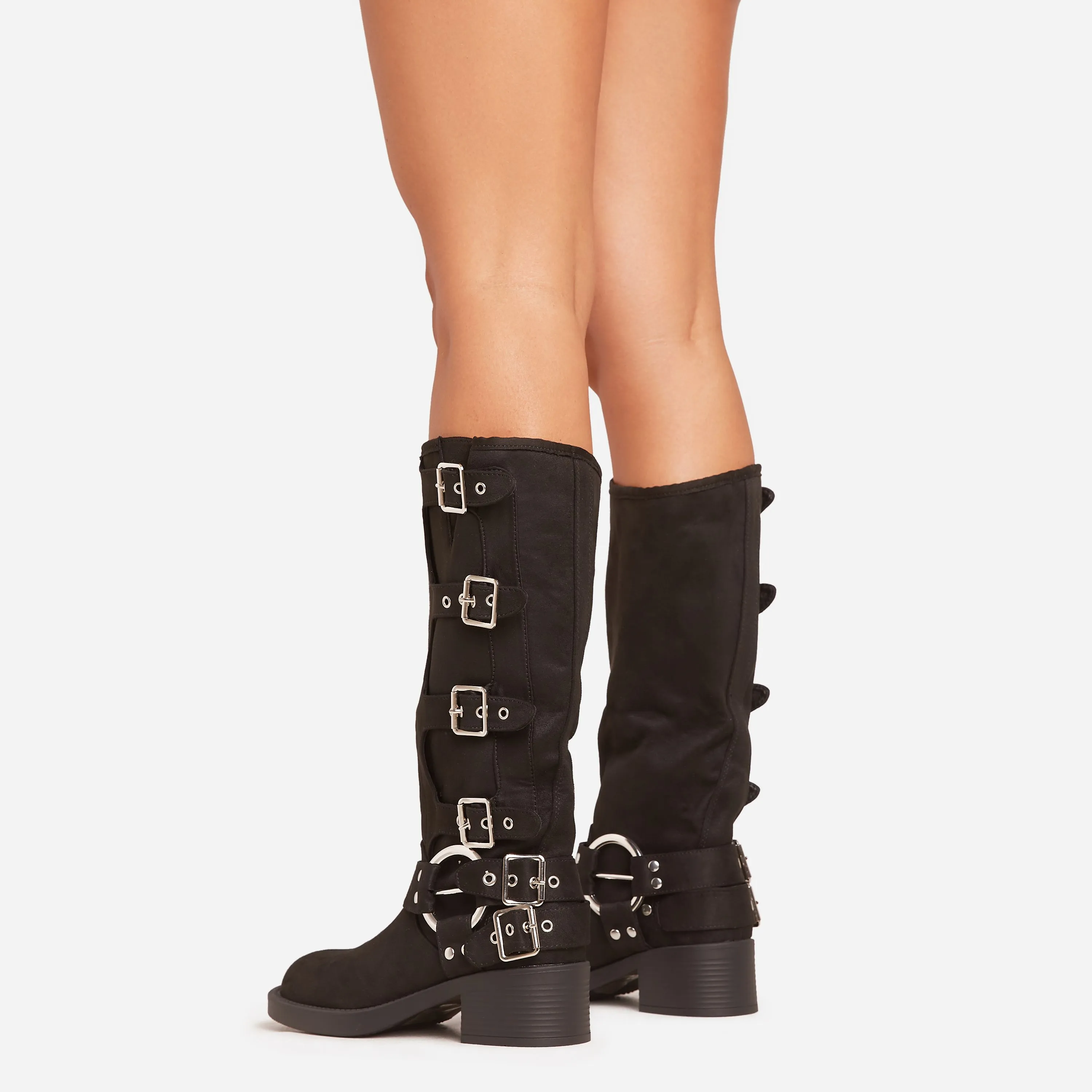 Buckle-Down Side Buckle Detail Midi Calf Biker Boot In Black Faux Suede