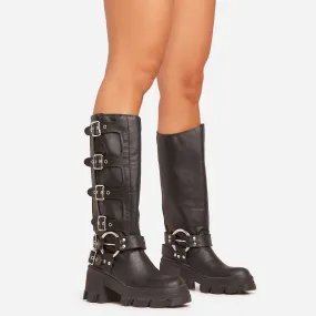 Buckle-Up-Now Side Buckle Detail Chunky Sole Mid Calf Biker Boot In Black Faux Leather