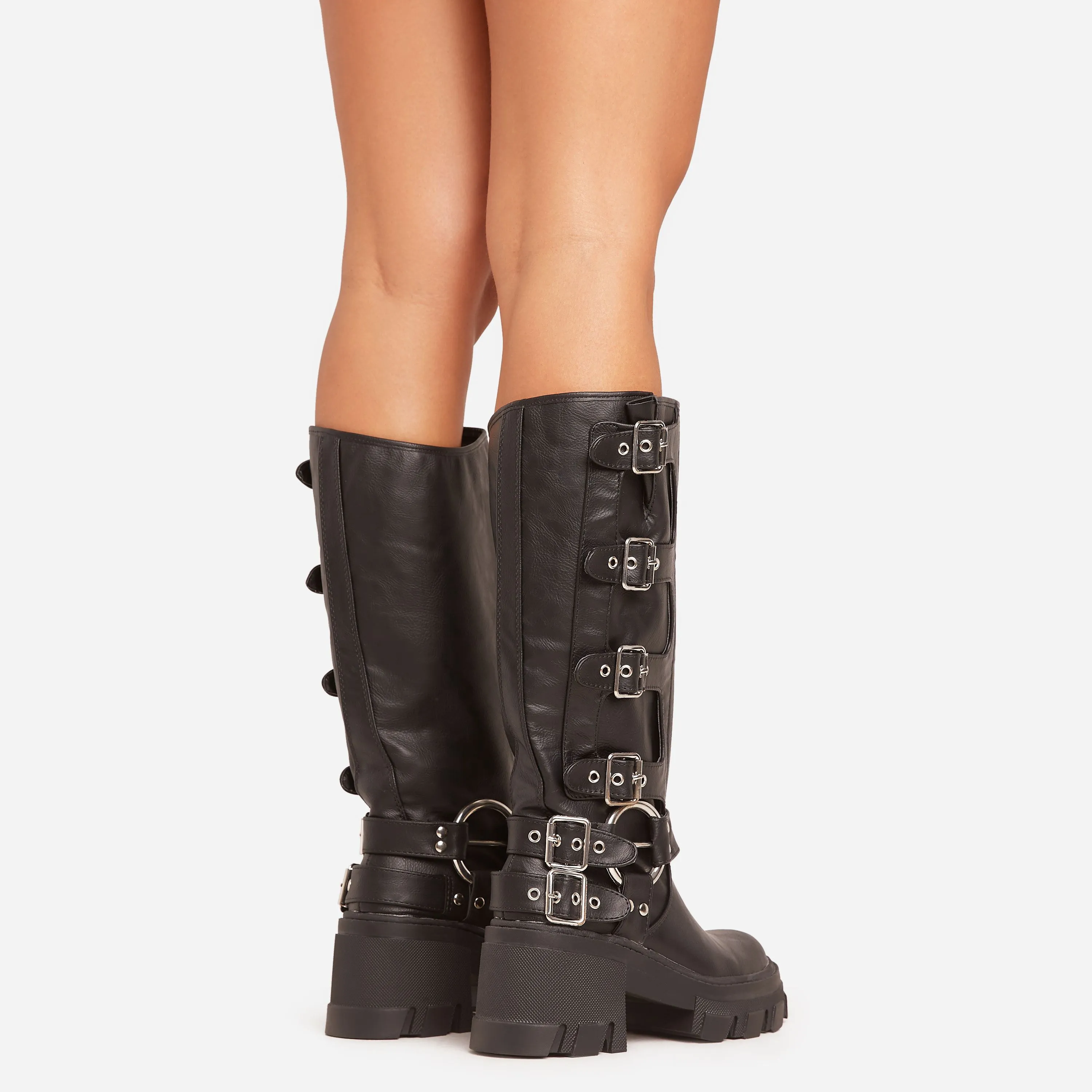 Buckle-Up-Now Side Buckle Detail Chunky Sole Mid Calf Biker Boot In Black Faux Leather