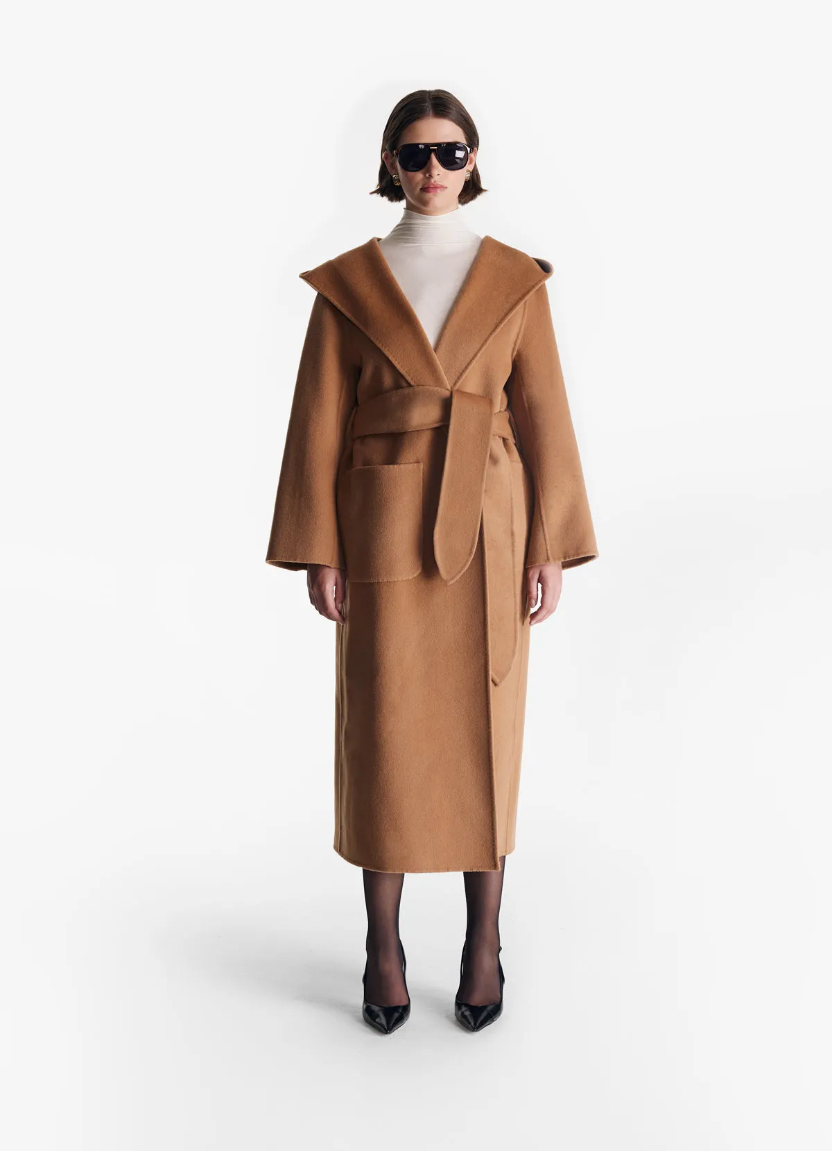 Camel Cashmere-Blend Wrap Coat