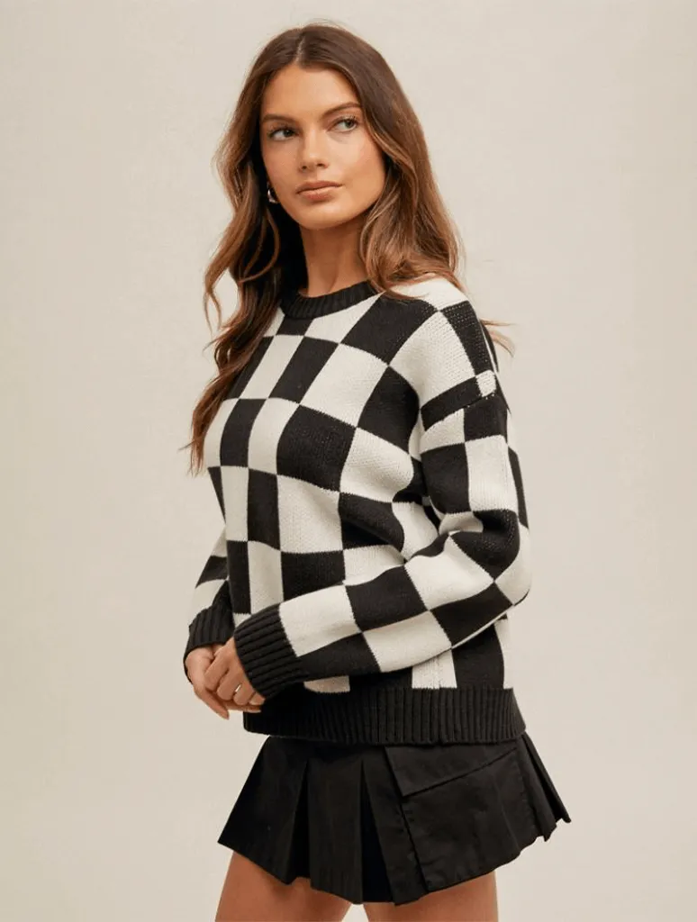 Checker Print Crewneck Sweater