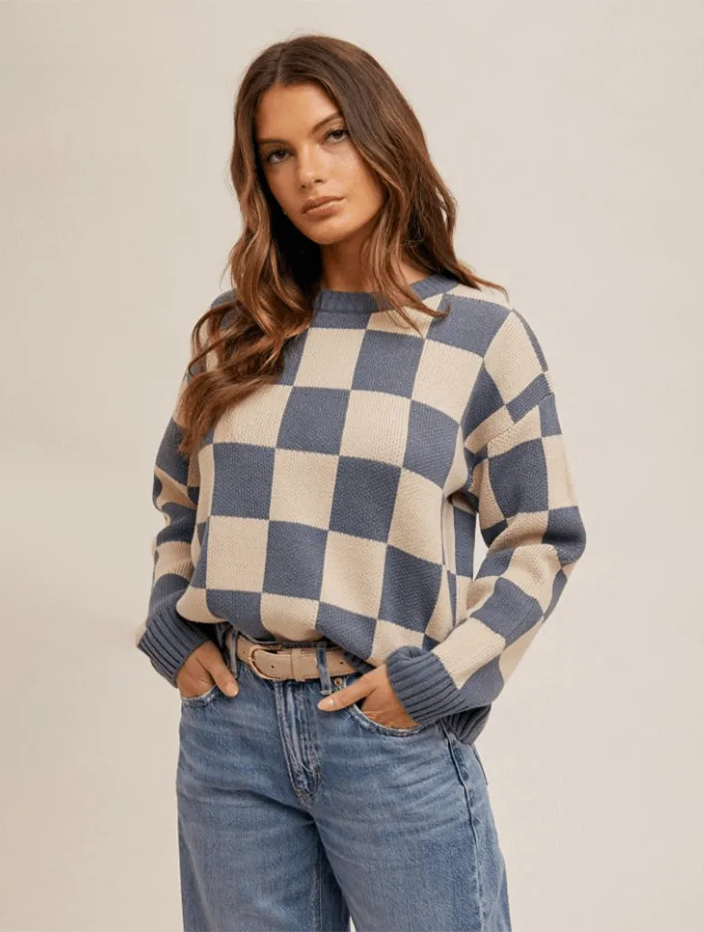 Checker Print Crewneck Sweater