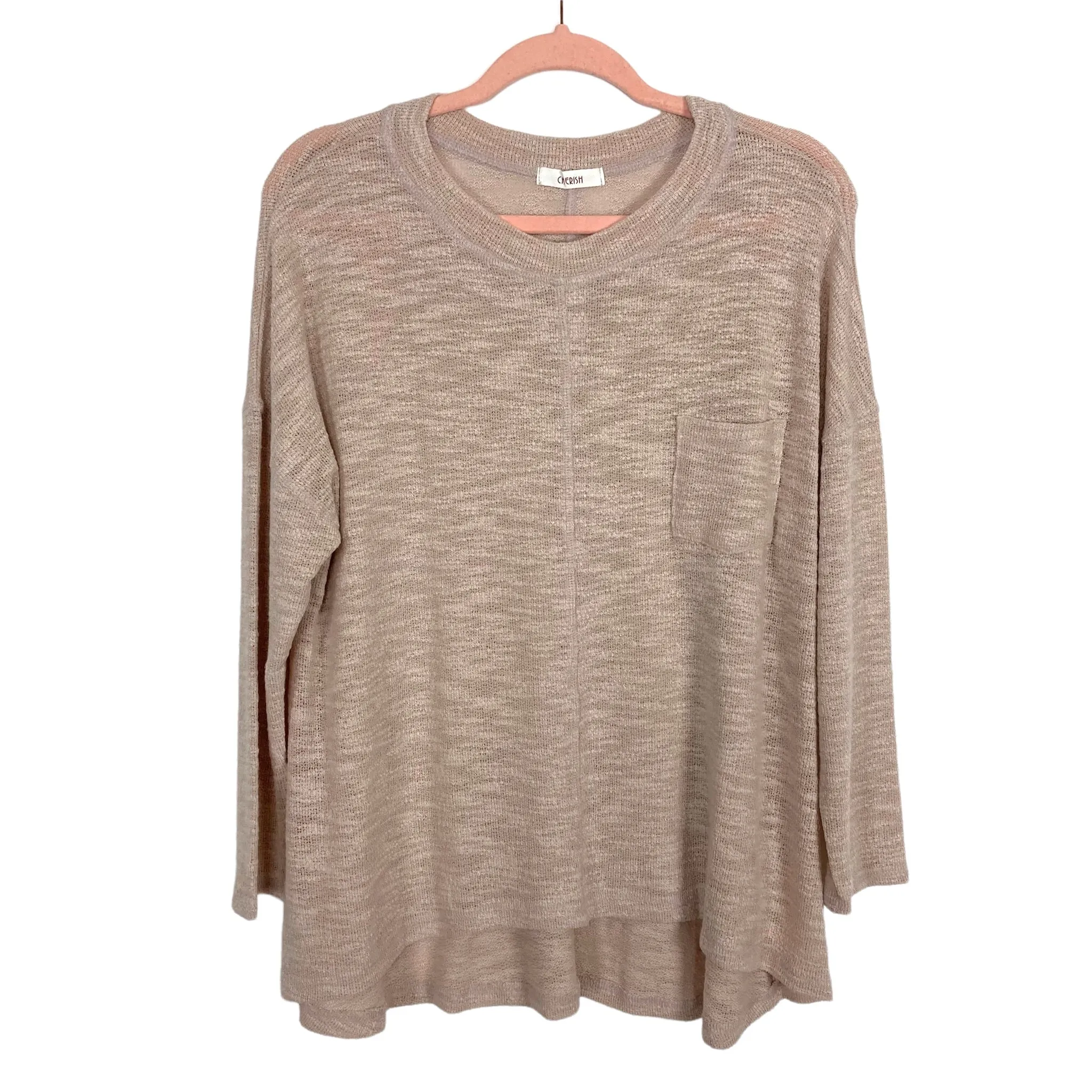 Cherish Beige Open Knit with Pocket Seamed Sweater- Size M