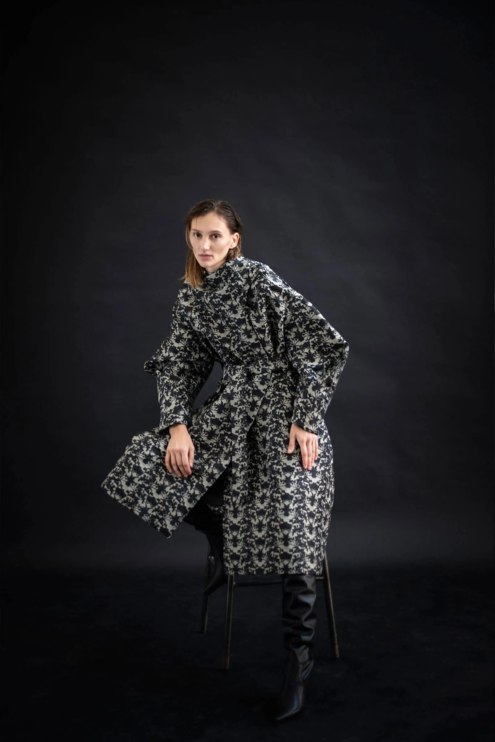 Cream Black Cymbidium Jacquard Coat-dress