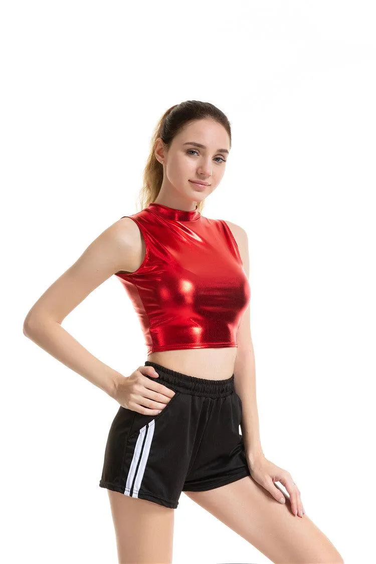 Crop Top Shiny Material Leather Sleeveless Vest