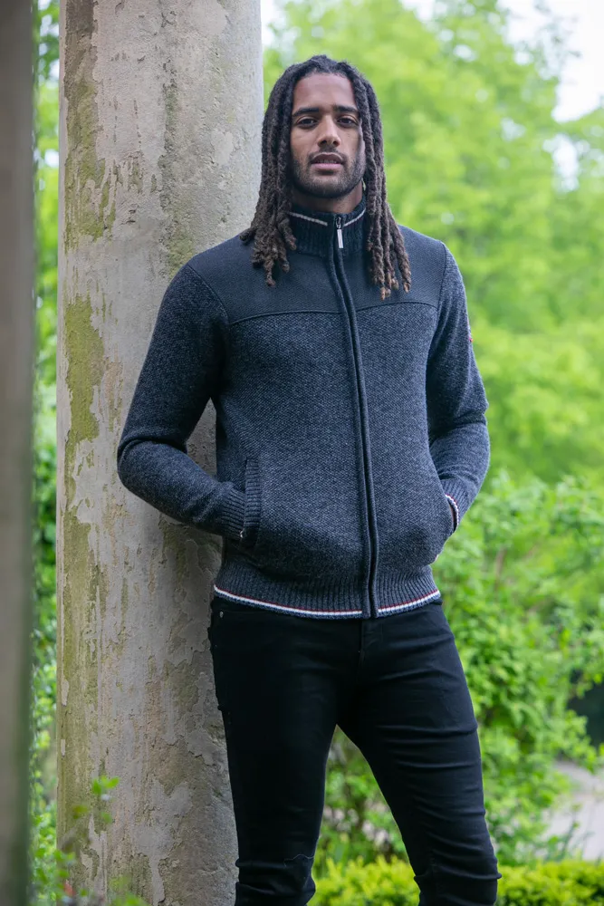 D555 Mens Charcoal Knitted Zip Through Sweater With  Lining (ABERDARE 2)