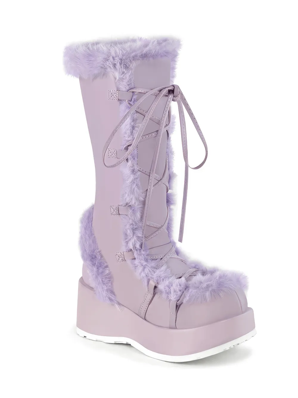 DEMONIA Purple Mid-Calf Platform Boot with Faux Fur Trim