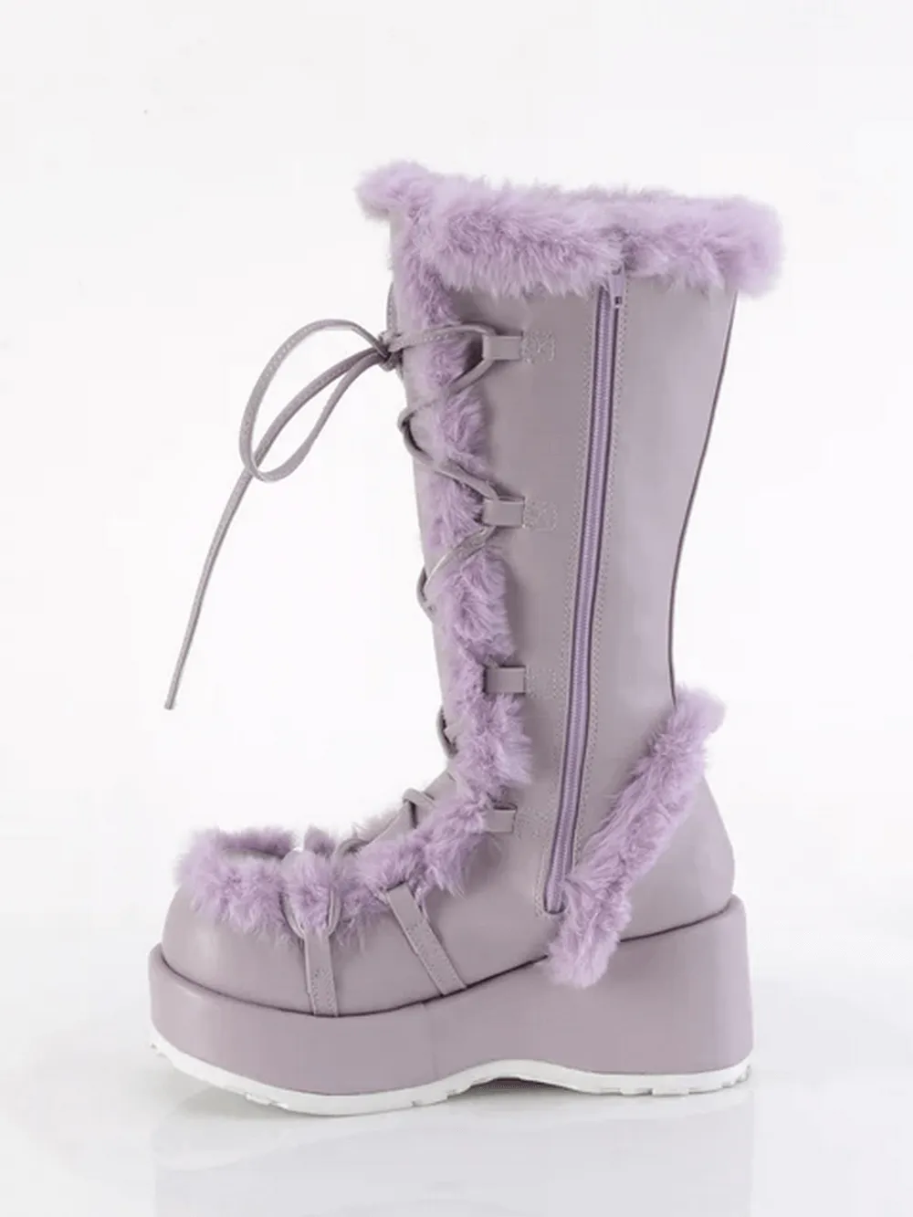 DEMONIA Purple Mid-Calf Platform Boot with Faux Fur Trim