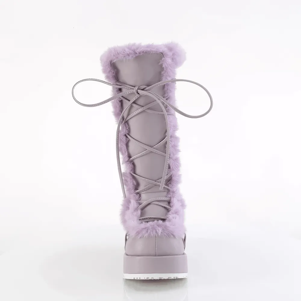 DEMONIA Purple Mid-Calf Platform Boot with Faux Fur Trim