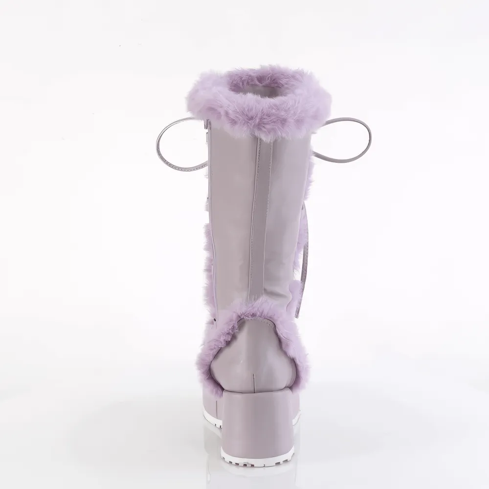 DEMONIA Purple Mid-Calf Platform Boot with Faux Fur Trim