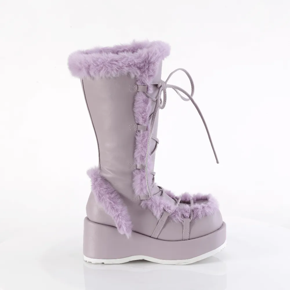 DEMONIA Purple Mid-Calf Platform Boot with Faux Fur Trim