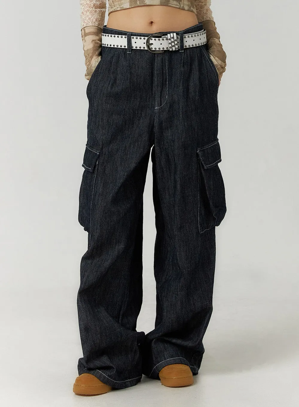 Denim Cargo Wide Leg Jeans CF407